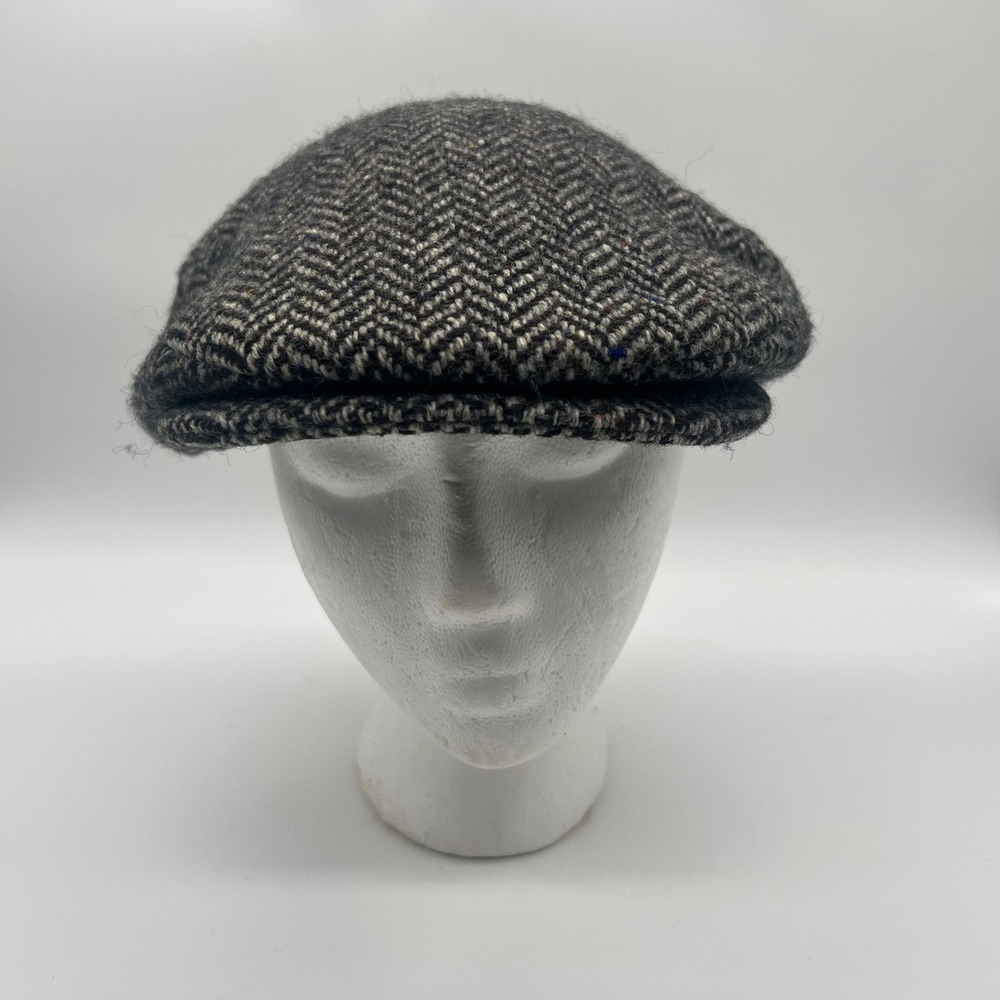 Hanna Hats Donegal Ireland Grey Herringbone Pure New Wool Flat Cap Mens Large